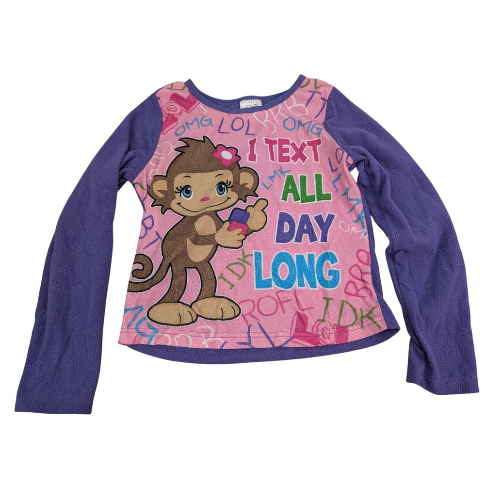 Girls Size 7/8 Fleece Top Long Sleeve‎ Monkey I Text All Day Pink Purple Lounge